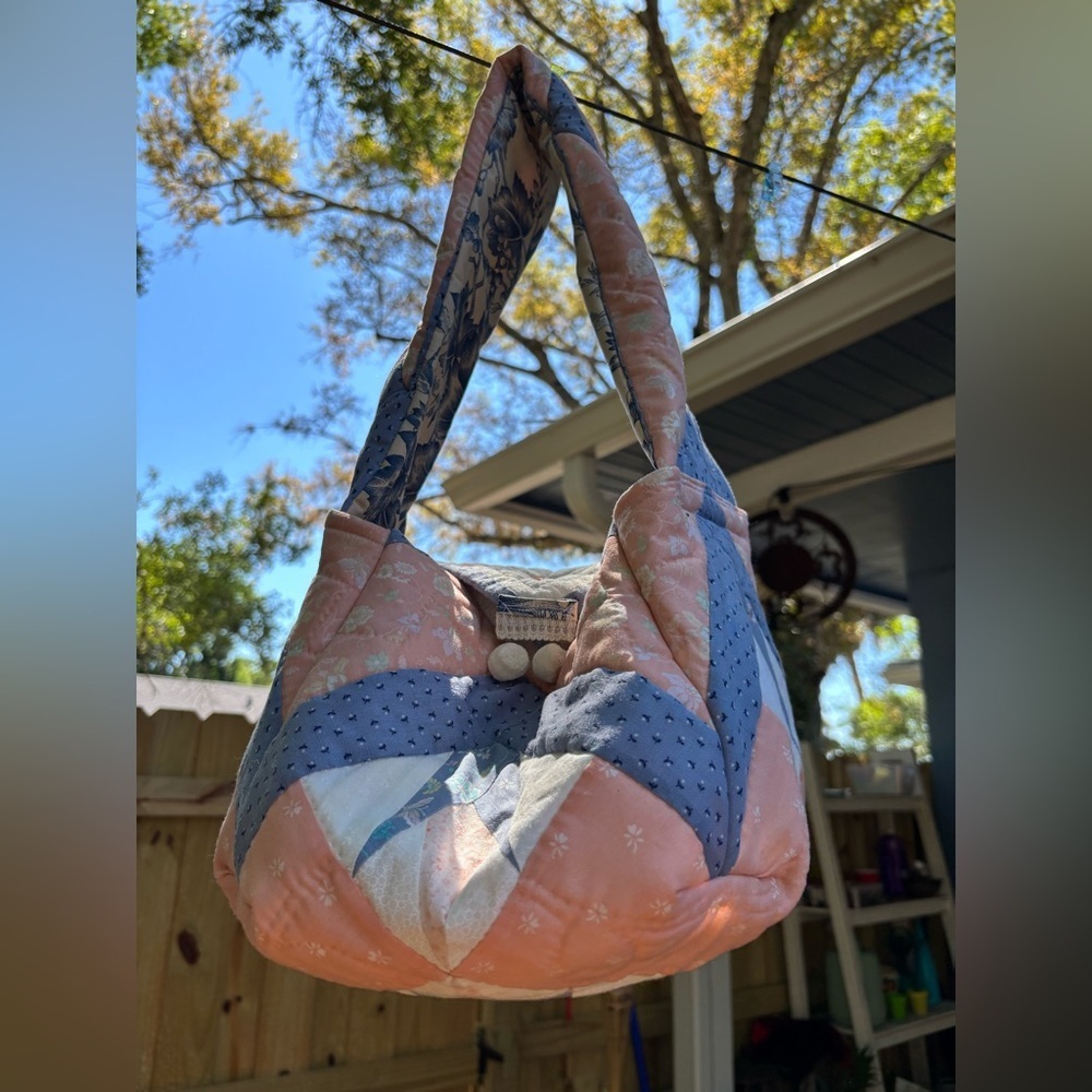 Handcrafted Vintage Quilted Bubble Bag Pink and Blue Patchwork Shoulder Bag